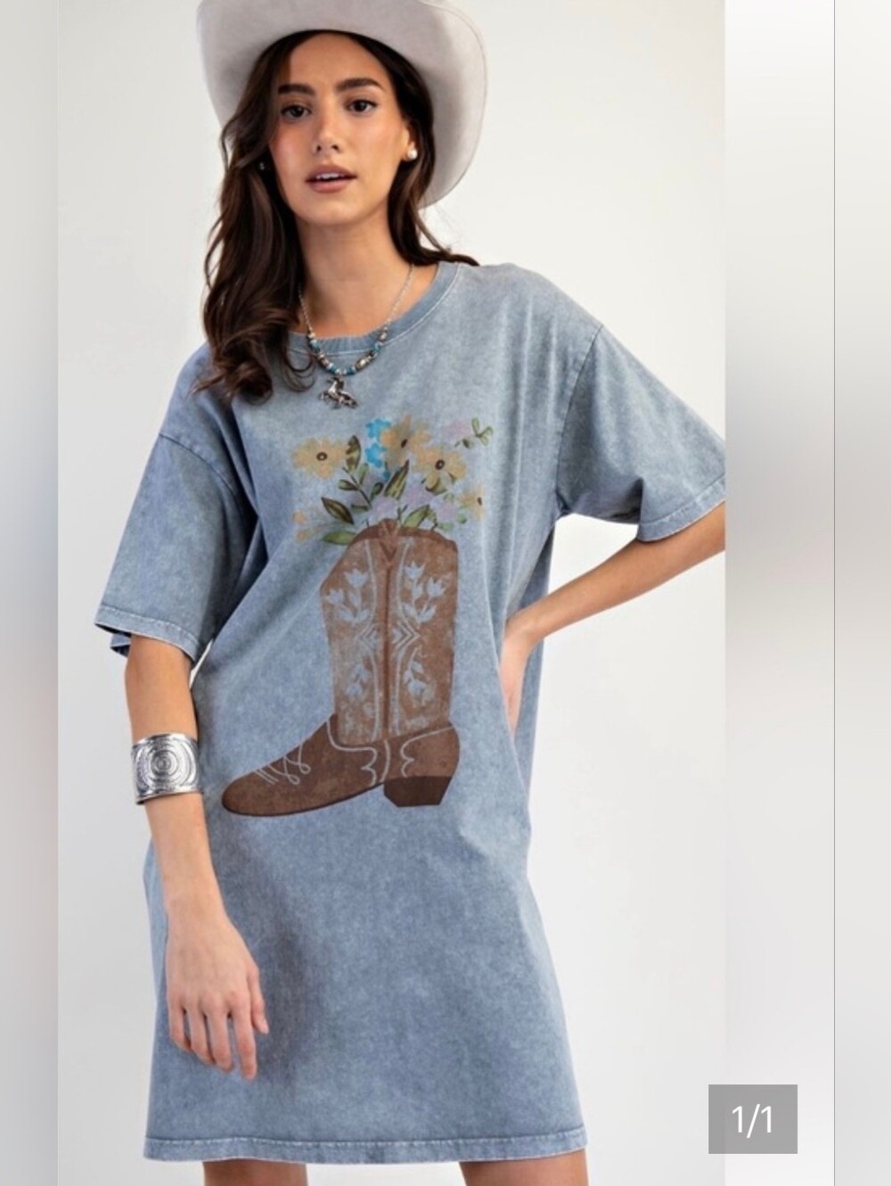 Easel Los Angeles Western Boots Floral Graphic Tee Dress 1X NWT